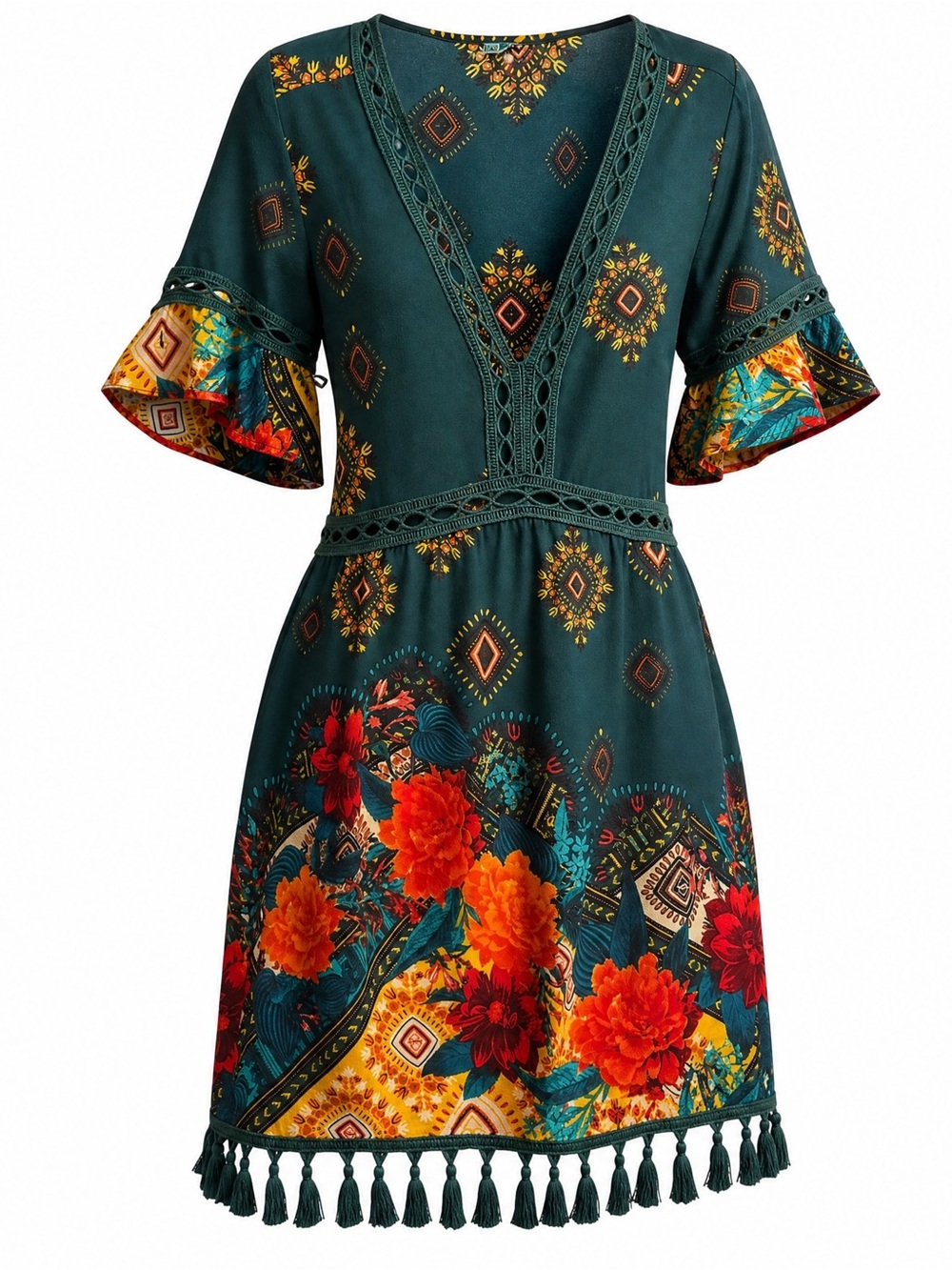 Floral Tassel Hem Green V-Neck Dress - Picture 6 of 11